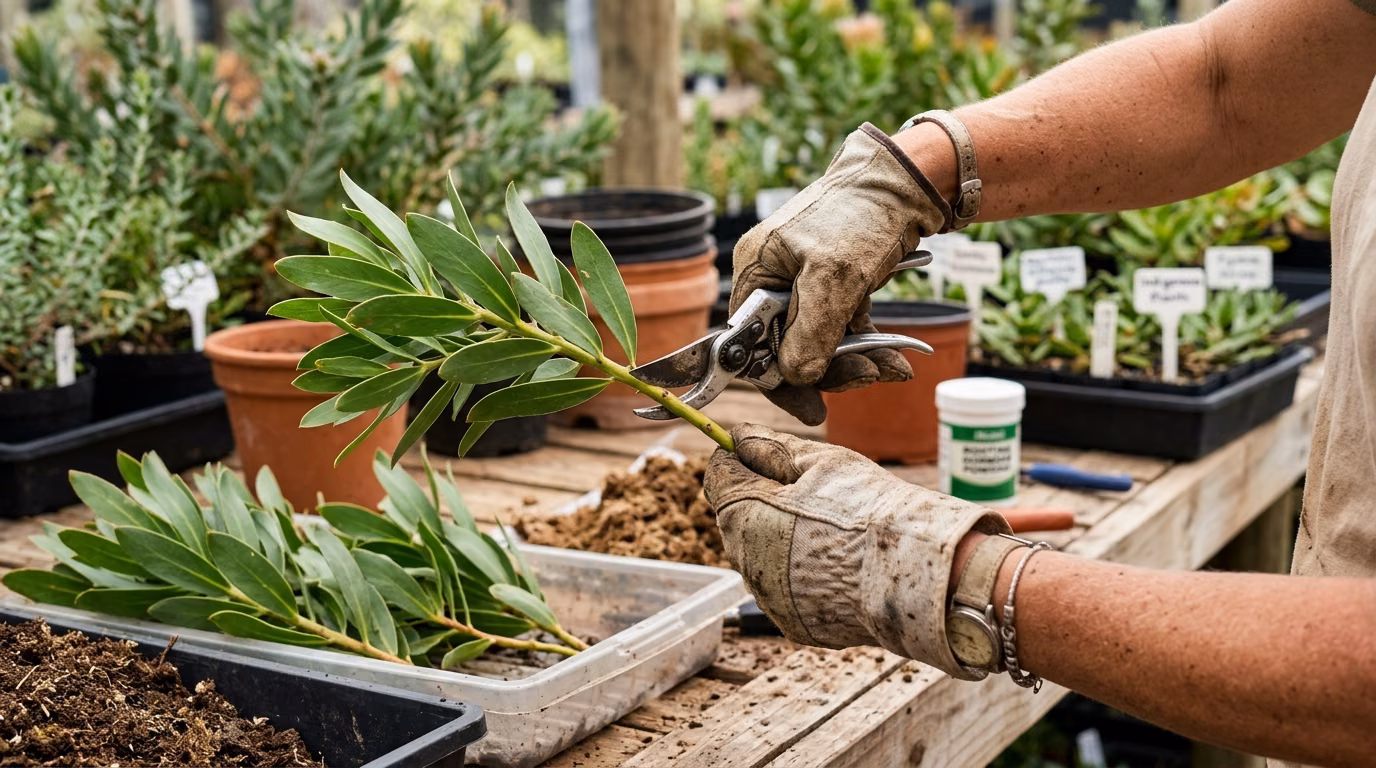 Gloved hands taking cuttings from an indigenous shrub at the nursery bench, trays of prepared cuttings alongside
