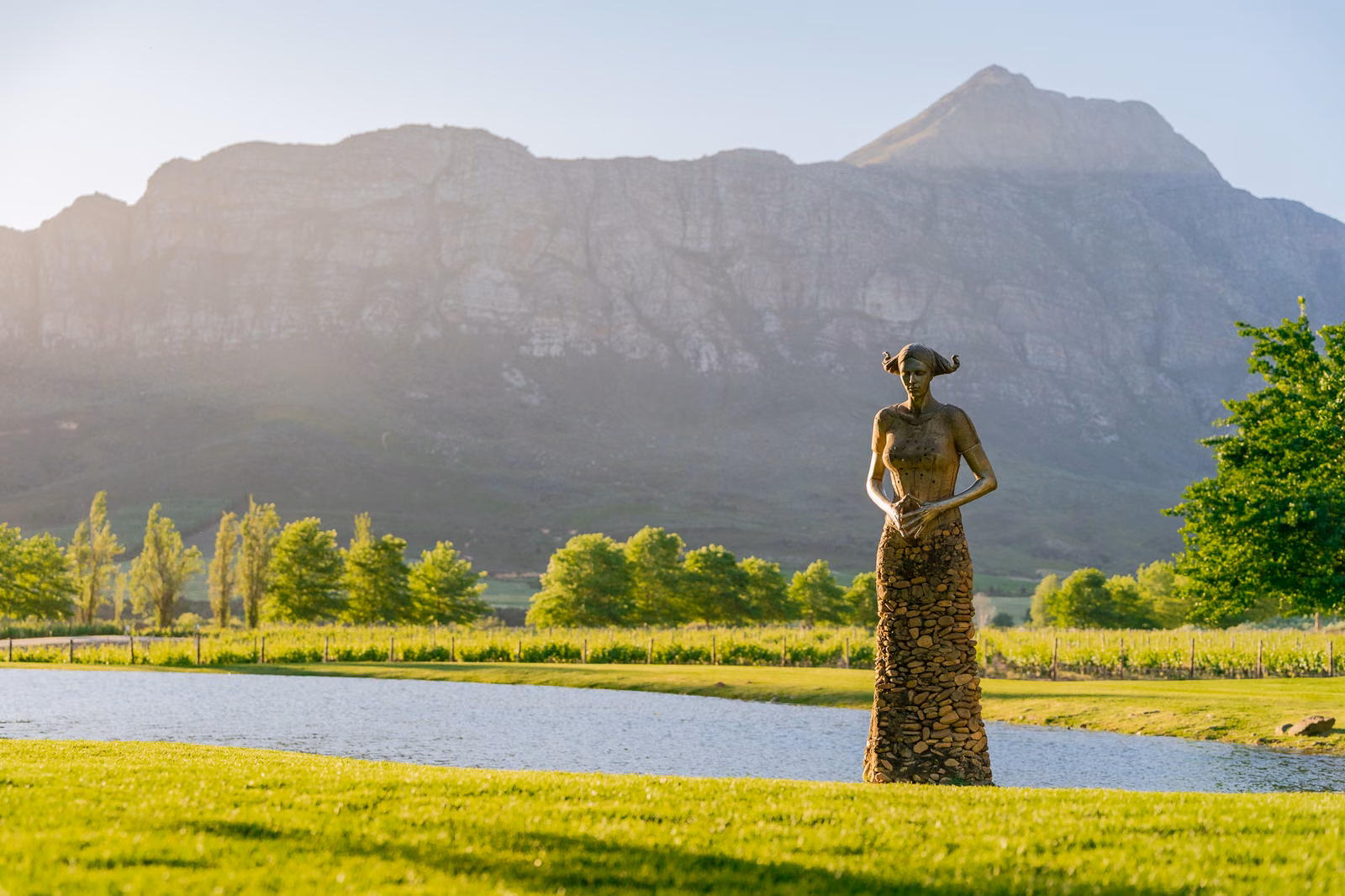 Saronsberg — a sculpted bronze figure standing on the estate lawn below the Witzenberg mountains